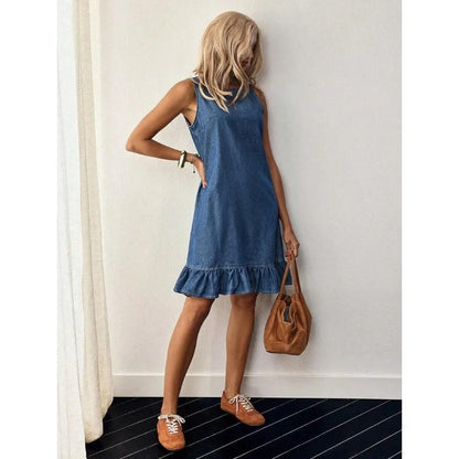 【New style】Button Back Ruffle Hem Denim Dress