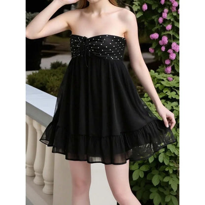 【New style】Women Off Shoulder Mini Dress Dot Print Sleeveless A-Line Short Ruffle Dresses For Daily Party Club