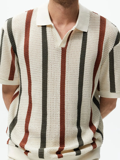 Men's Summer Chunky Knit Short-Sleeve Polo Shirt With Stripes And Contrast Colors, Casual Wear For Daily Outings