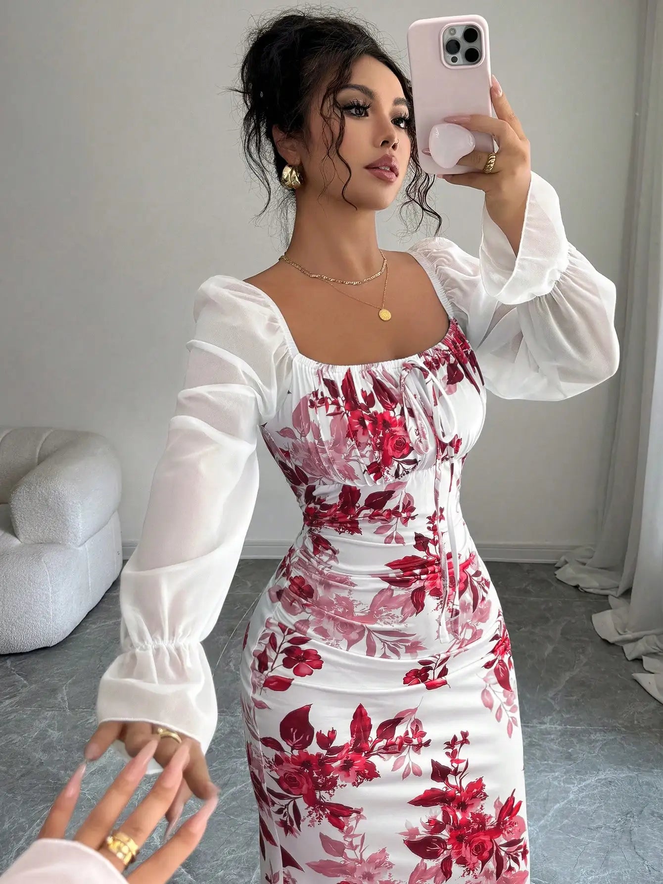 Square Neck Floral Print Chiffon Puff Sleeve Long Dress For Women