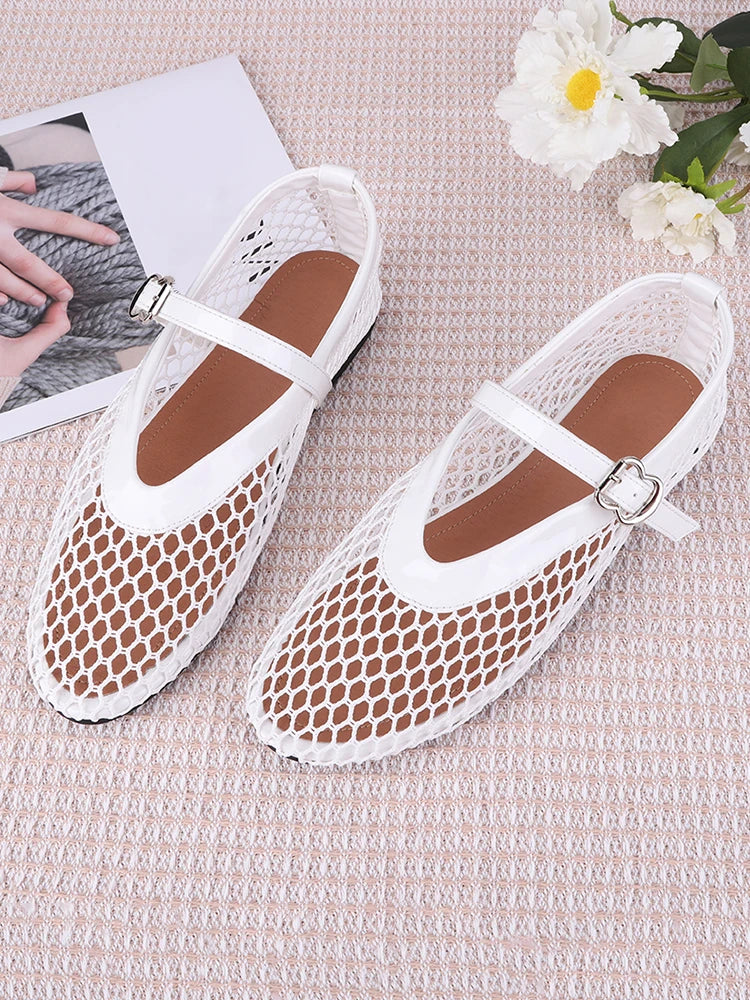 Women Mesh Ballet Flats Fishnet Ballerina Flats Breathable Slip On Ballerina Shoes Buckle Strap Daily Dress Shoes for Commuting