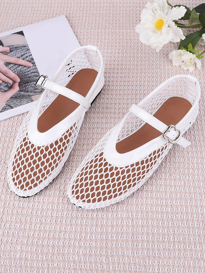 Women Mesh Ballet Flats Fishnet Ballerina Flats Breathable Slip On Ballerina Shoes Buckle Strap Daily Dress Shoes for Commuting