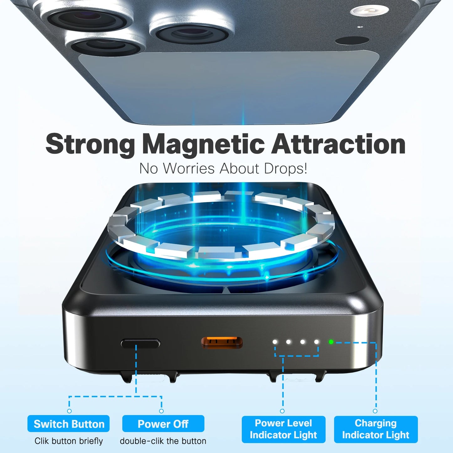10000mAh Magnetic Wireless Power Bank PD22.5W Fast Charging External Battery Dual-Port Built-in Type-C For iPhone  Airpods Watch