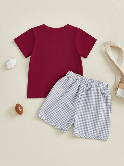 Boys Summer Outfit Set with Short Sleeve O Neck Rugby Elephant Embroidery Top and Plaid Shorts for Toddlers