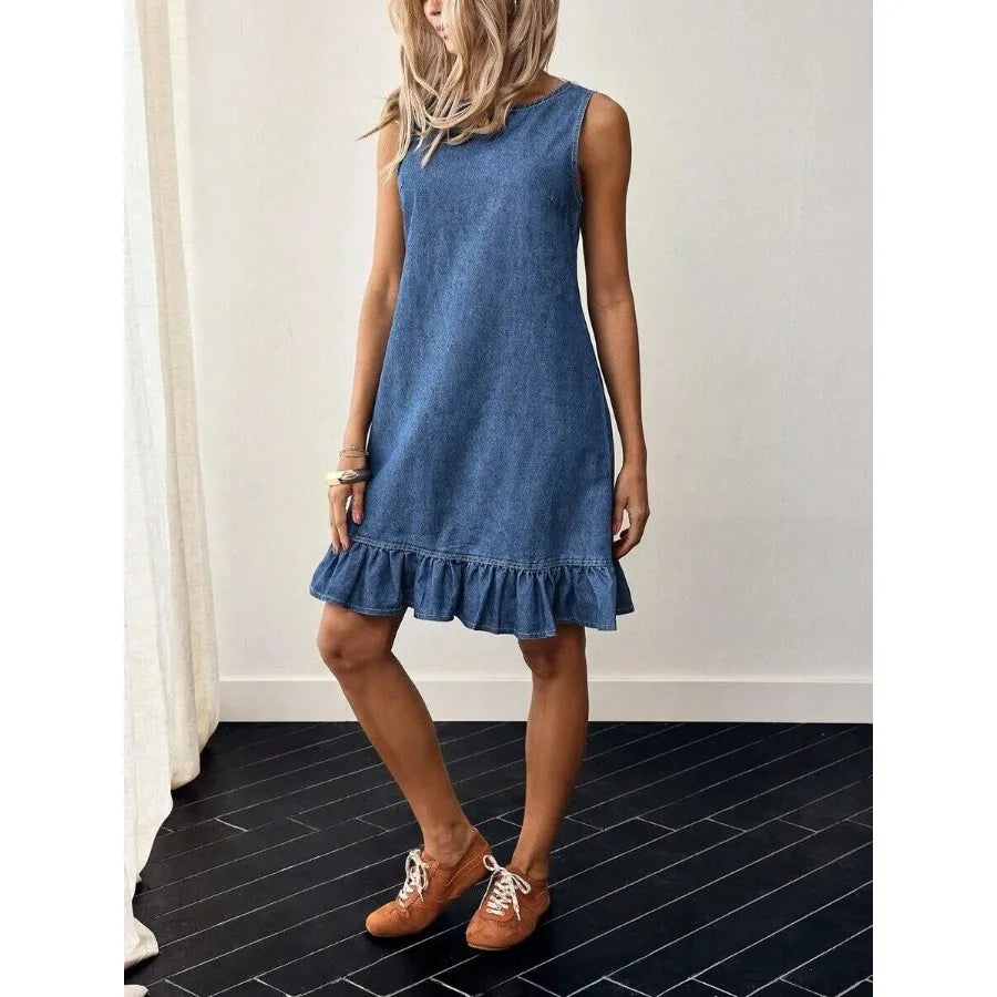 【New style】Button Back Ruffle Hem Denim Dress