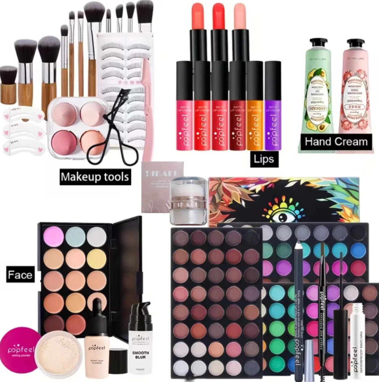 POPFEEL All-in-One Full Face Makeup Kit with Brush+Facial highlighter-Complete Beauty Set, Berry & Neutral Foundation, Blush, Ey