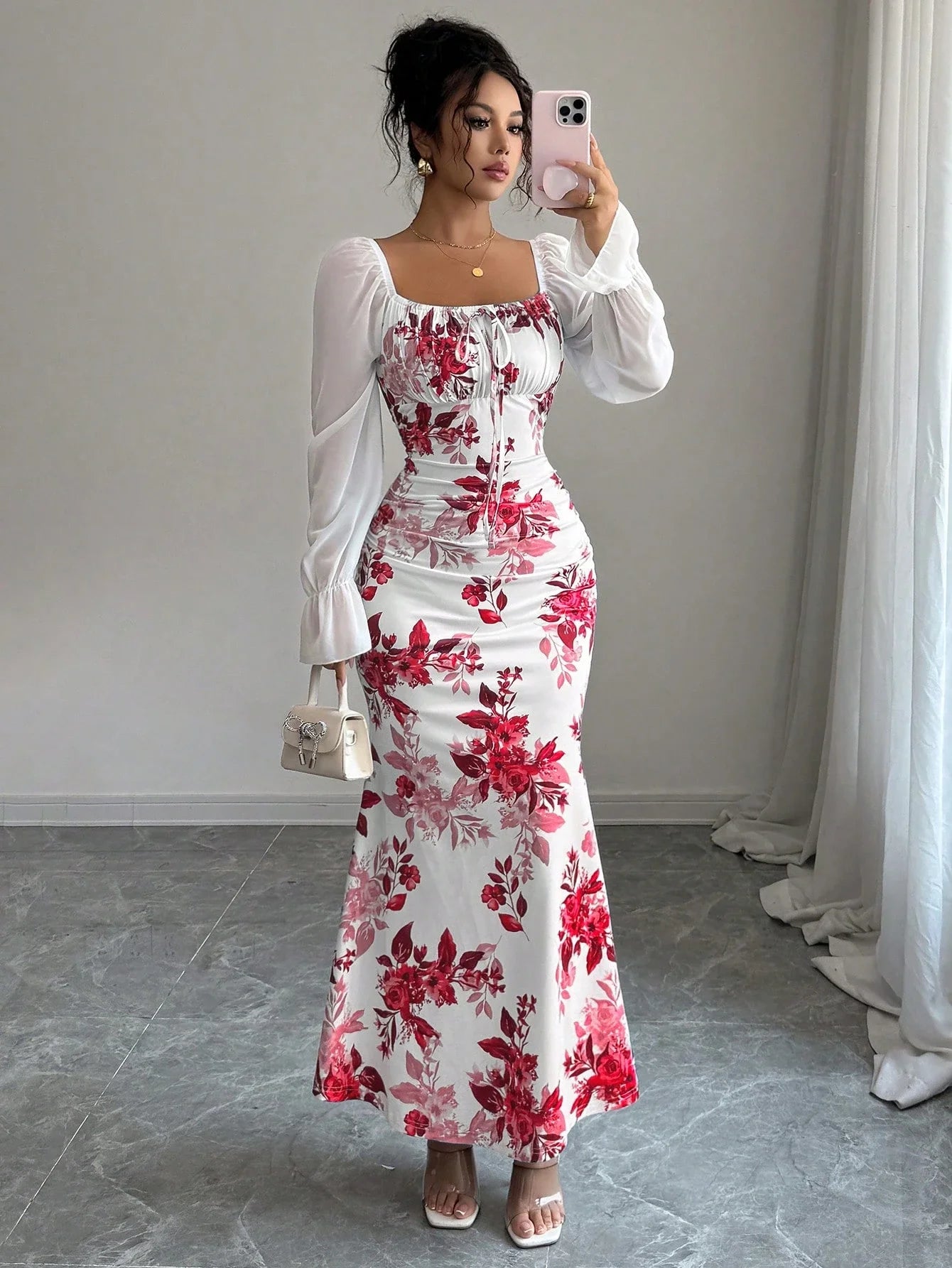 Square Neck Floral Print Chiffon Puff Sleeve Long Dress For Women