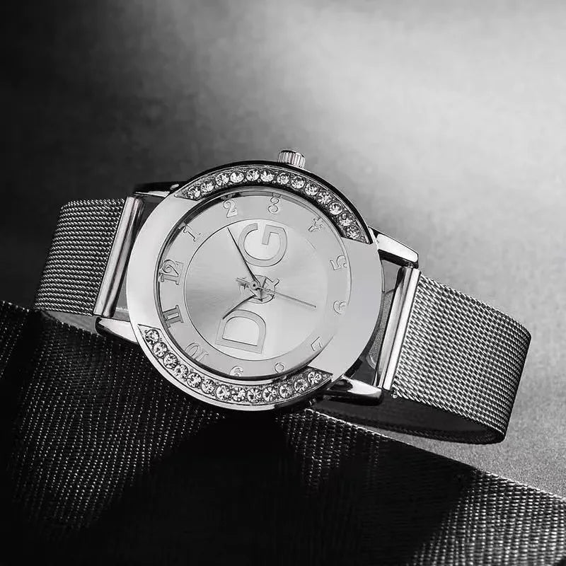 Ladies watch, double diamond outer ring sand diamond surface steel mesh belt Ladies watch