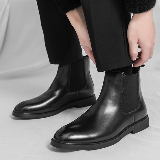 British and Korean style trendy men's casual high-top leather shoes brock riding boots Chelsea pointed business ankle boots
