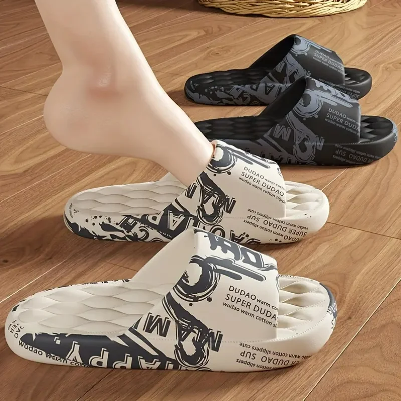 Men's Plus Size Chinese Character "Wu" Printed Slippers - Super Comfortable And Soft EVA Sole, Open Toe Design
