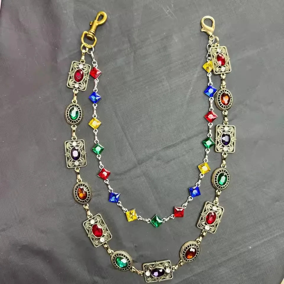 Double Layer Colorful Geometric Colorful Rhinestone Pendant Jeans Pant Chain for Women Men Fashion Belt Keychains Y2K Jewelry