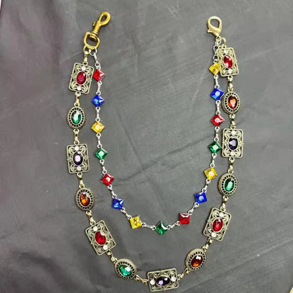 Double Layer Colorful Geometric Colorful Rhinestone Pendant Jeans Pant Chain for Women Men Fashion Belt Keychains Y2K Jewelry
