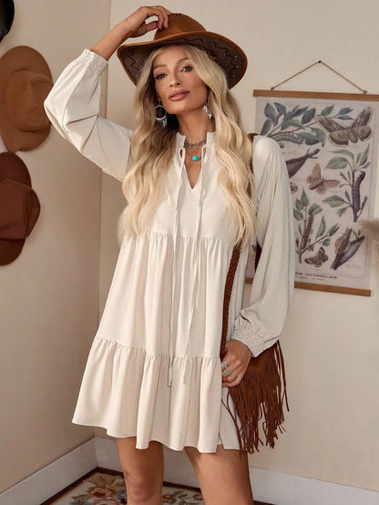 Beige Tie Neck Lantern Sleeve Smock Dress With Ruffle Hem Casual A-Line Short Dress