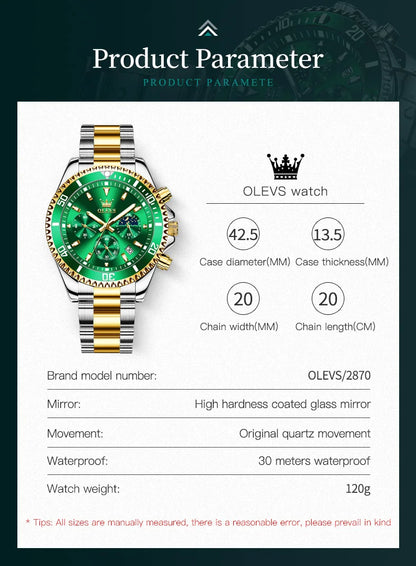 OLEVS 2870 Chronograph Quartz Business Men Watch Fashion Moon Phase Waterproof Watch For Men Stainless Steel Original Wristwatch