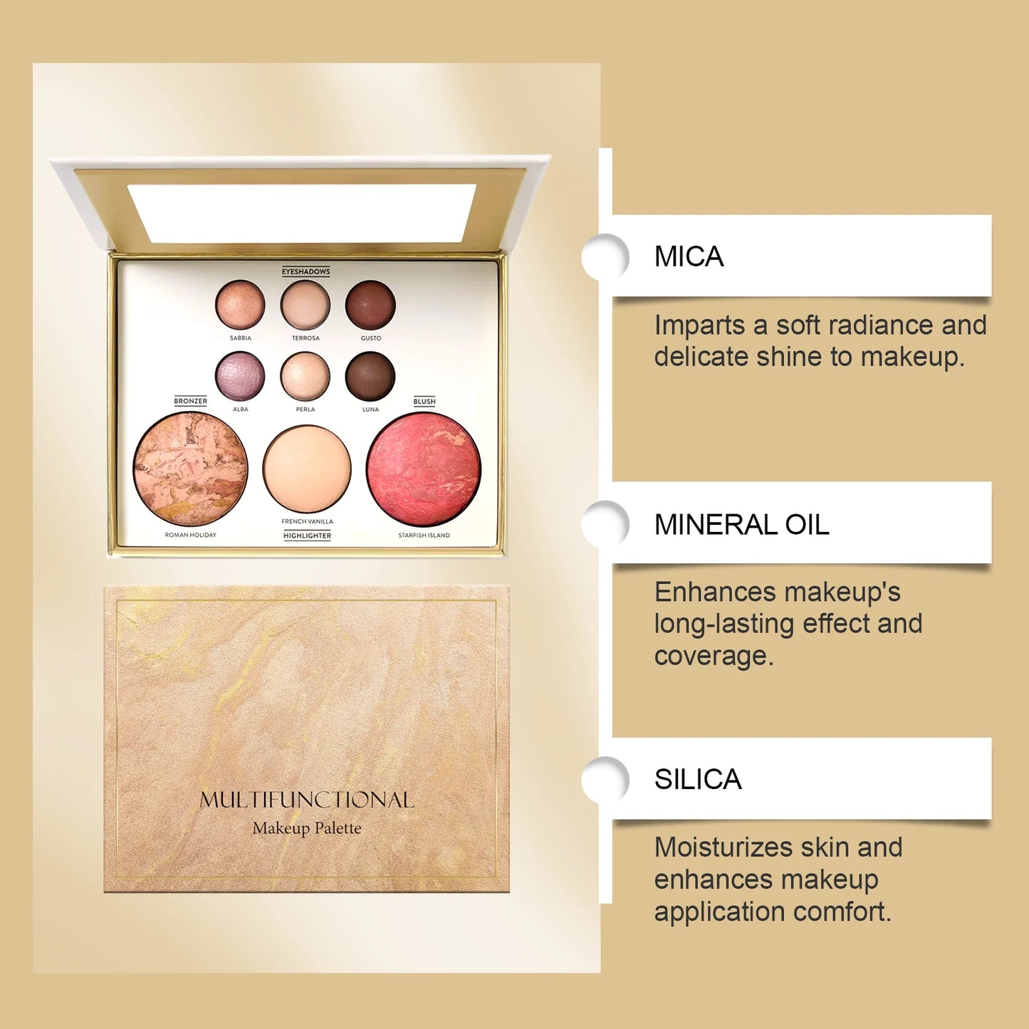All-in-1 Gilded Makeup Palette Eyeshadow Blush Highlighter Contour Brightening Makeup Palette Long Lasting Daily Party Makeup