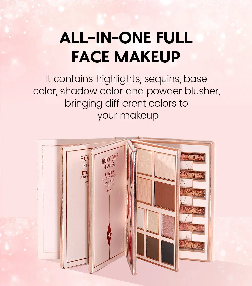 The makeup magic book contains eye shadow, lip gloss, powder blusher highlight, an ideal gift for women in holiday parties