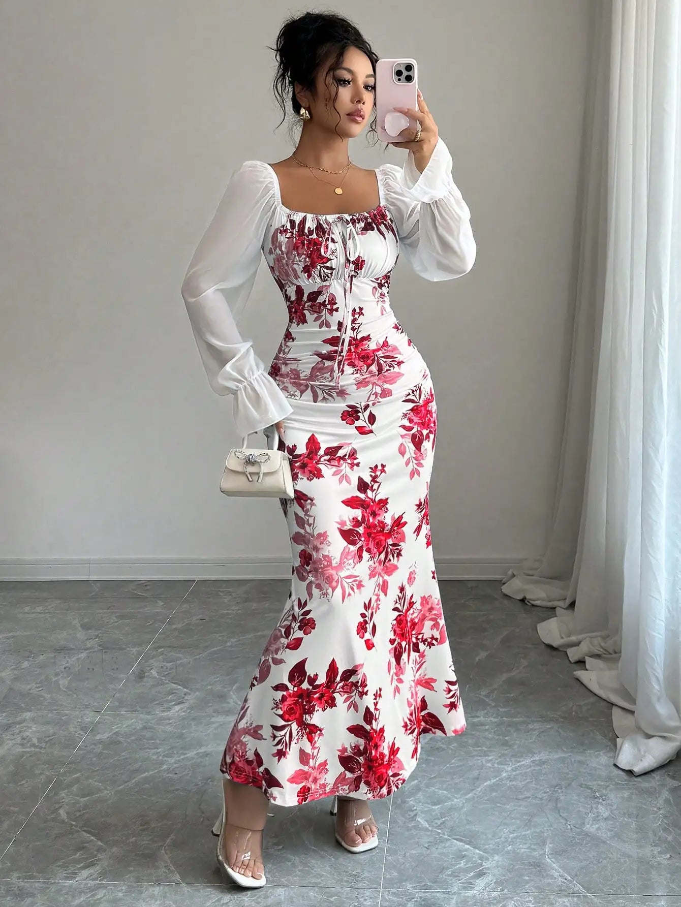Square Neck Floral Print Chiffon Puff Sleeve Long Dress For Women