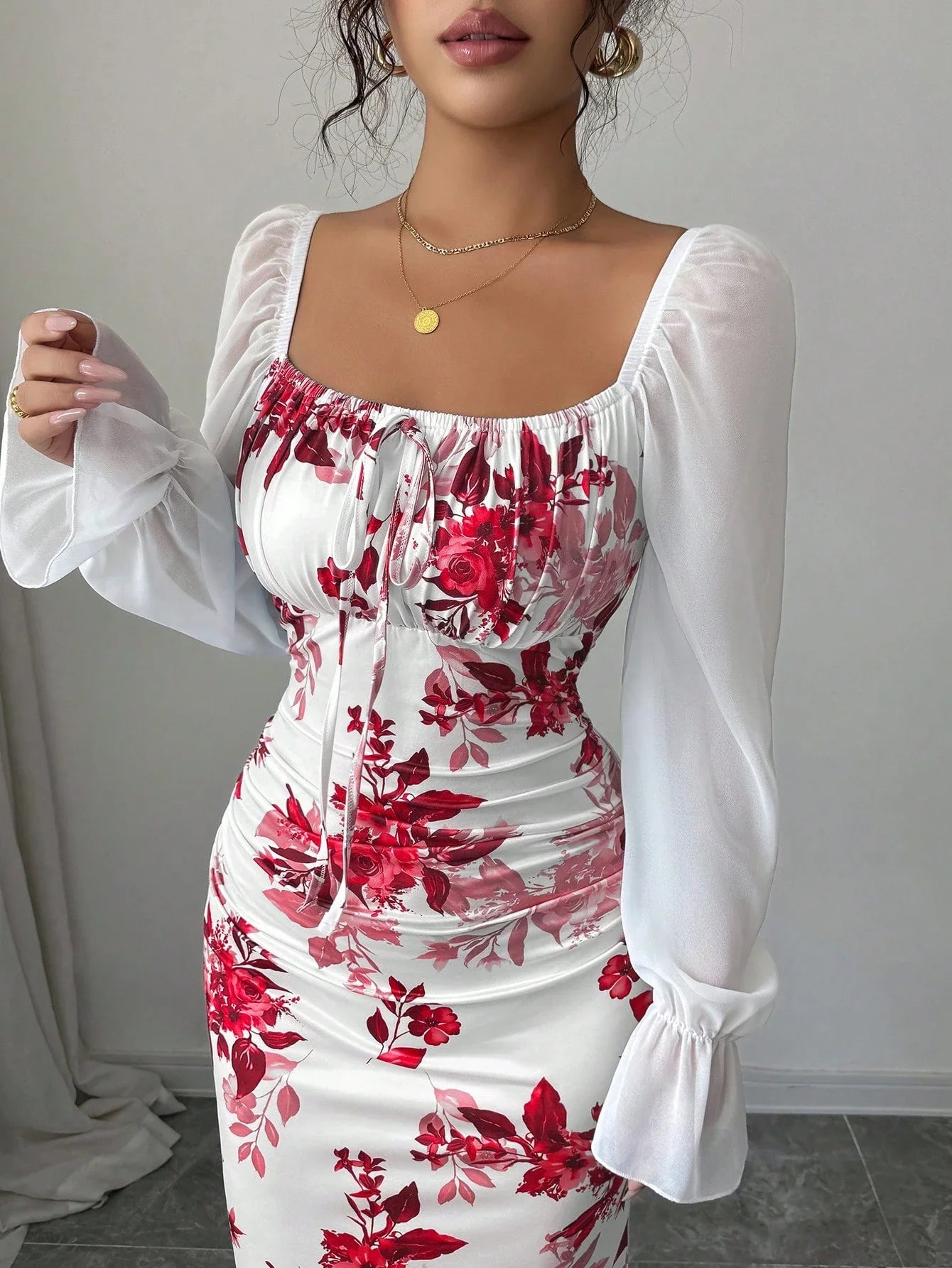 Square Neck Floral Print Chiffon Puff Sleeve Long Dress For Women