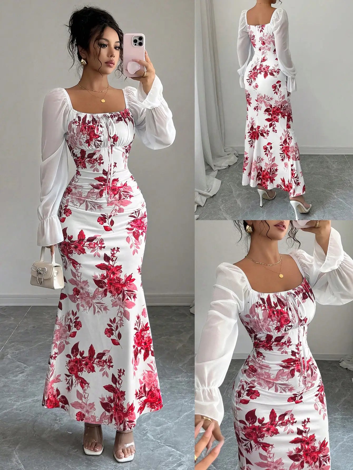 Square Neck Floral Print Chiffon Puff Sleeve Long Dress For Women