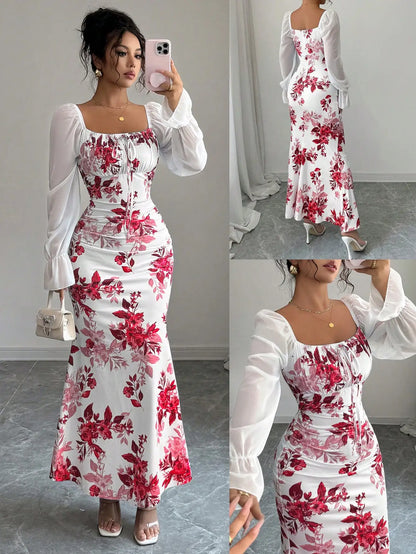 Square Neck Floral Print Chiffon Puff Sleeve Long Dress For Women