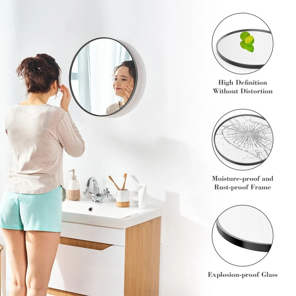 20in Round Wall Mirror High Definition Aluminum Alloy Frame Hanging Vanity Bathroom Mirror Home Living Room Bedroom Decor