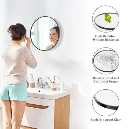 20in Round Wall Mirror High Definition Aluminum Alloy Frame Hanging Vanity Bathroom Mirror Home Living Room Bedroom Decor