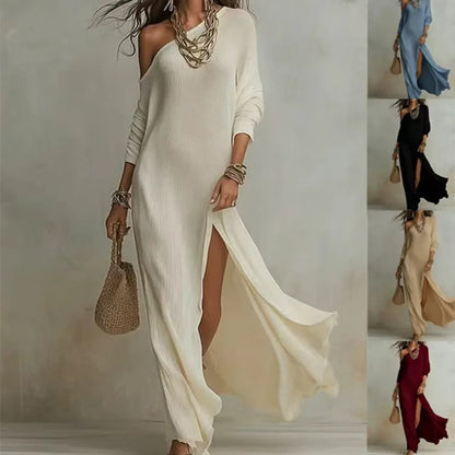 2026 European and American -  Summer New Style Elegant Long-sleeved Knitted Pleated Split Women's Dress