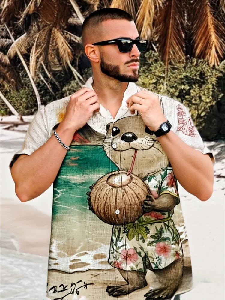 Men's Cute Otter Drinking Coconut Juice Print Short Sleeve Shirt Funny Printed Button Hawaii Beach Wearing Holiday 2025 New Top