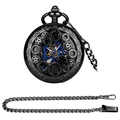 Men's Manual Mechanical Pocket Watch Hollow Design Blue Roman Numerals Vintage Pocket Watch Chain Pendant Vintage Clock