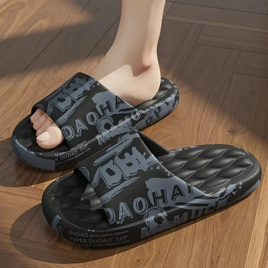 Men's Plus Size Chinese Character "Wu" Printed Slippers - Super Comfortable And Soft EVA Sole, Open Toe Design