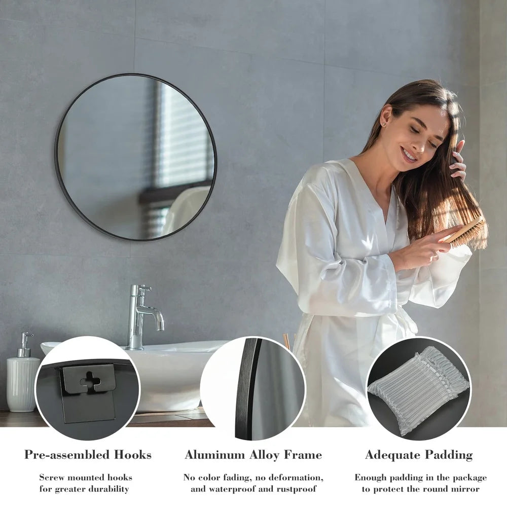 20in Round Wall Mirror High Definition Aluminum Alloy Frame Hanging Vanity Bathroom Mirror Home Living Room Bedroom Decor