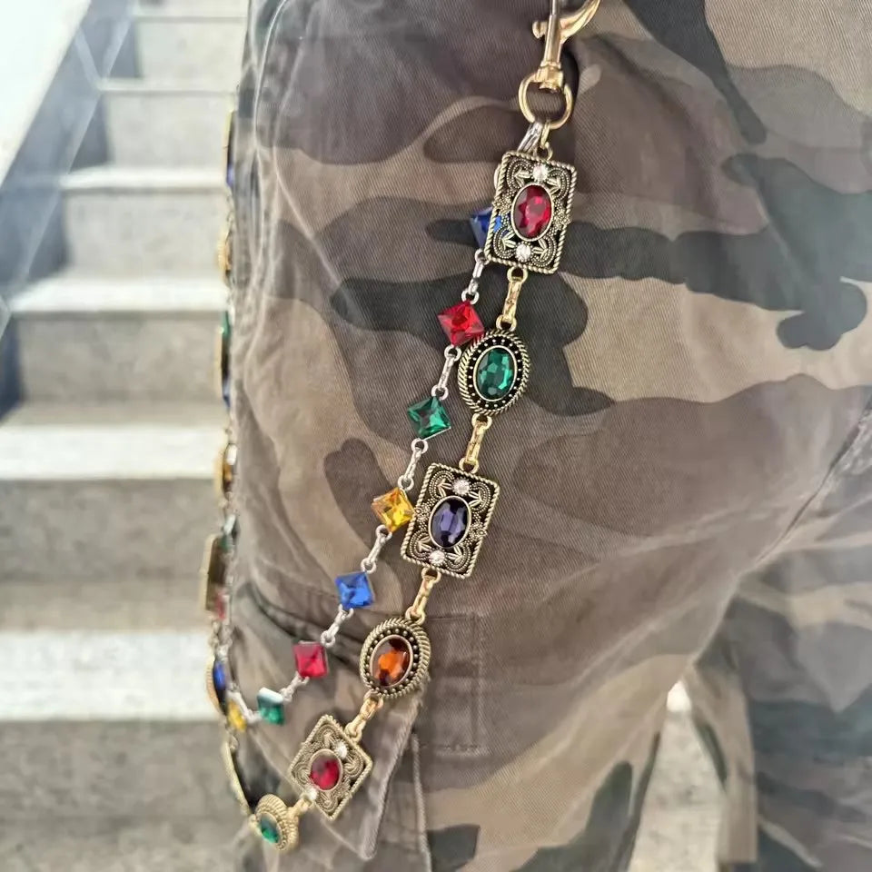 Double Layer Colorful Geometric Colorful Rhinestone Pendant Jeans Pant Chain for Women Men Fashion Belt Keychains Y2K Jewelry