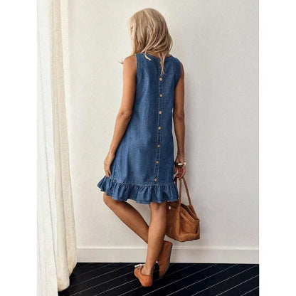 【New style】Button Back Ruffle Hem Denim Dress