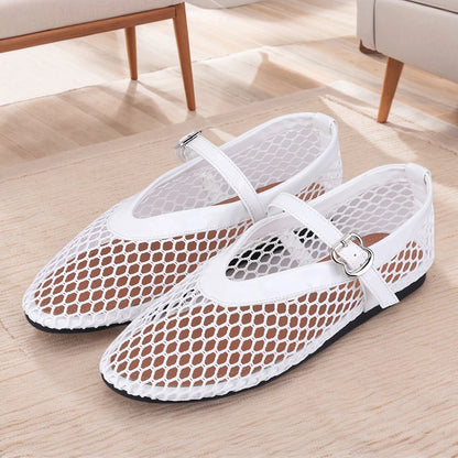 Women Mesh Ballet Flats Fishnet Ballerina Flats Breathable Slip On Ballerina Shoes Buckle Strap Daily Dress Shoes for Commuting