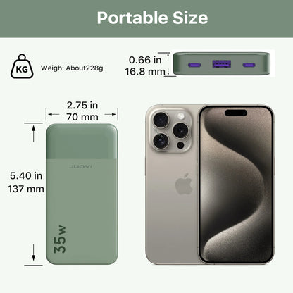 JUOVI Mini Power Bank, 10000mAh 35W Fast Charging Small Portable Charger PD 3.0 QC 4.0 Lightweight Battery Pack for iPhone 16 17