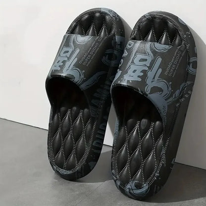 Men's Plus Size Chinese Character "Wu" Printed Slippers - Super Comfortable And Soft EVA Sole, Open Toe Design