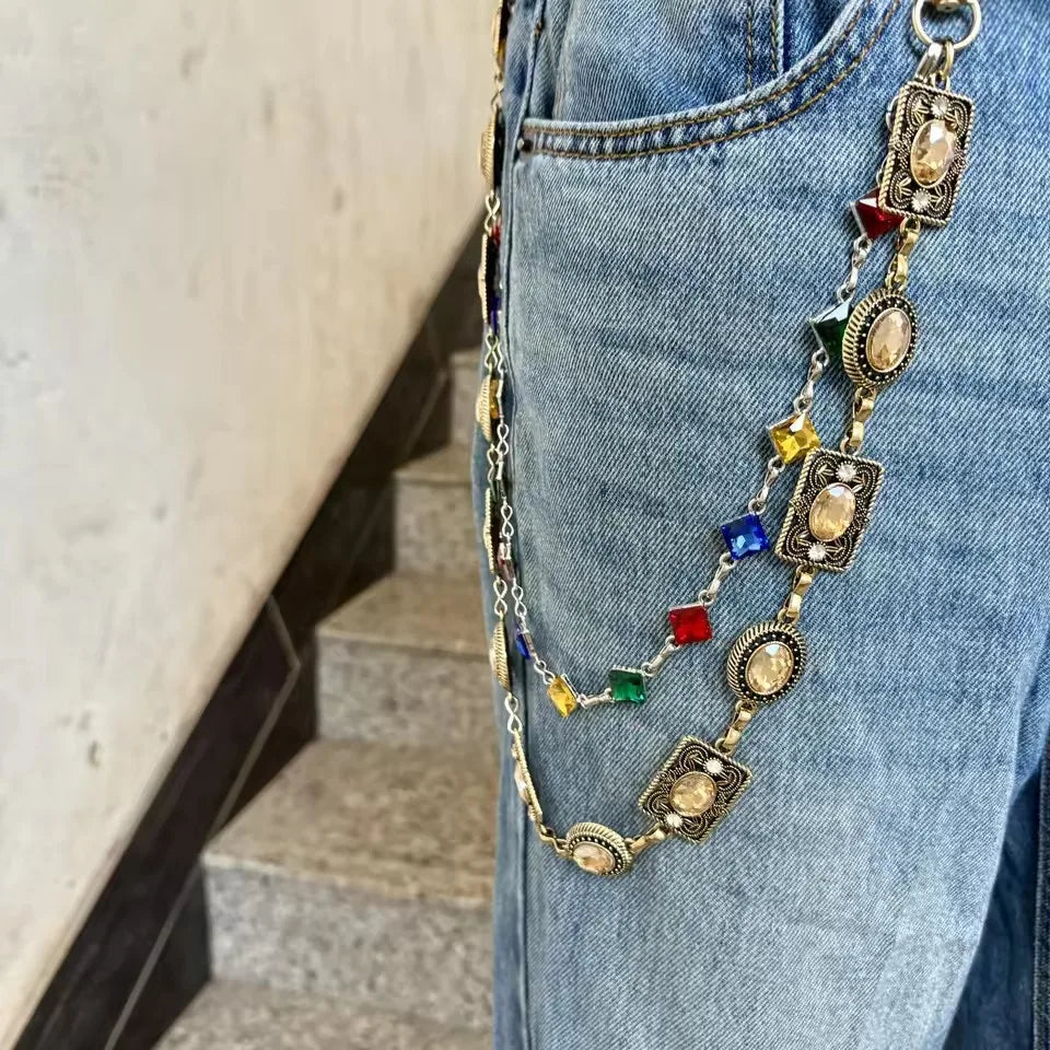 Double Layer Colorful Geometric Colorful Rhinestone Pendant Jeans Pant Chain for Women Men Fashion Belt Keychains Y2K Jewelry