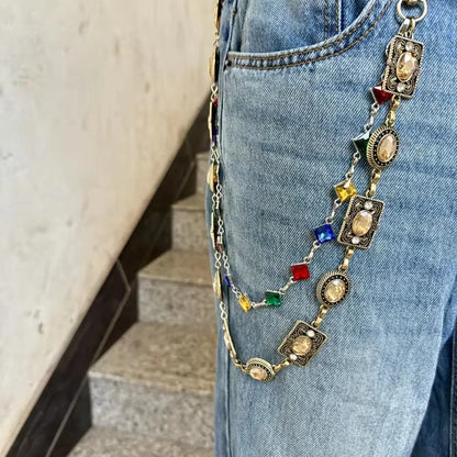 Double Layer Colorful Geometric Colorful Rhinestone Pendant Jeans Pant Chain for Women Men Fashion Belt Keychains Y2K Jewelry