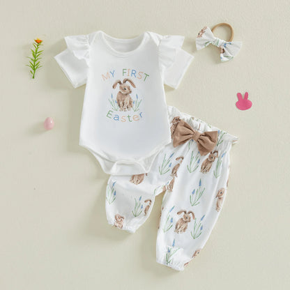 Adorable Toddler Easter Clothes Bunny Patterned Short Sleeve Romper Pants and Headband 3 Piece Set for Baby Girls