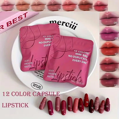 Mini Capsule Matte Lipstick Set - Smooth and delicate pink, red, and brown lipsticks, ideal for holiday makeup or as a gift.