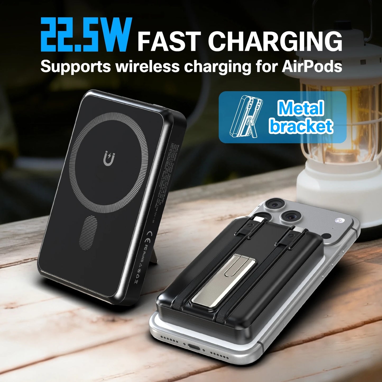 10000mAh Magnetic Wireless Power Bank PD22.5W Fast Charging External Battery Dual-Port Built-in Type-C For iPhone  Airpods Watch